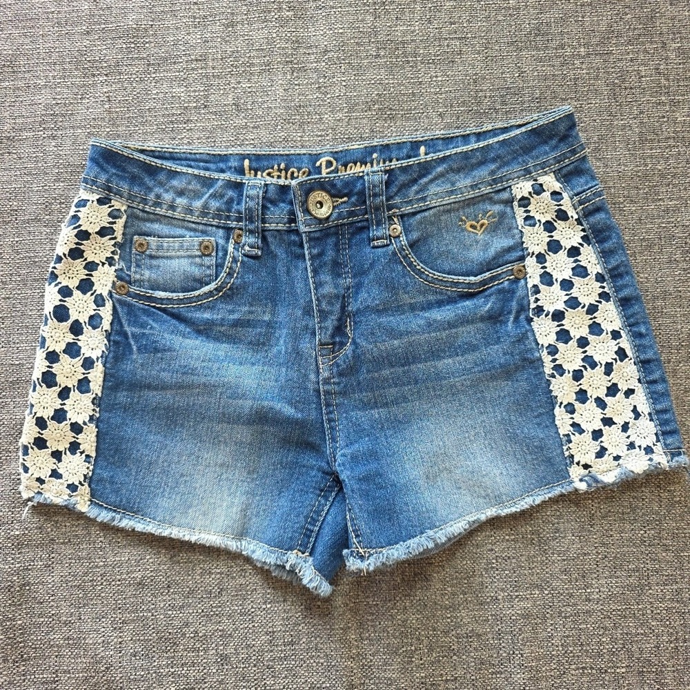 Justice Girl's Blue Jean Shorts Size 14 R White Lace Accents